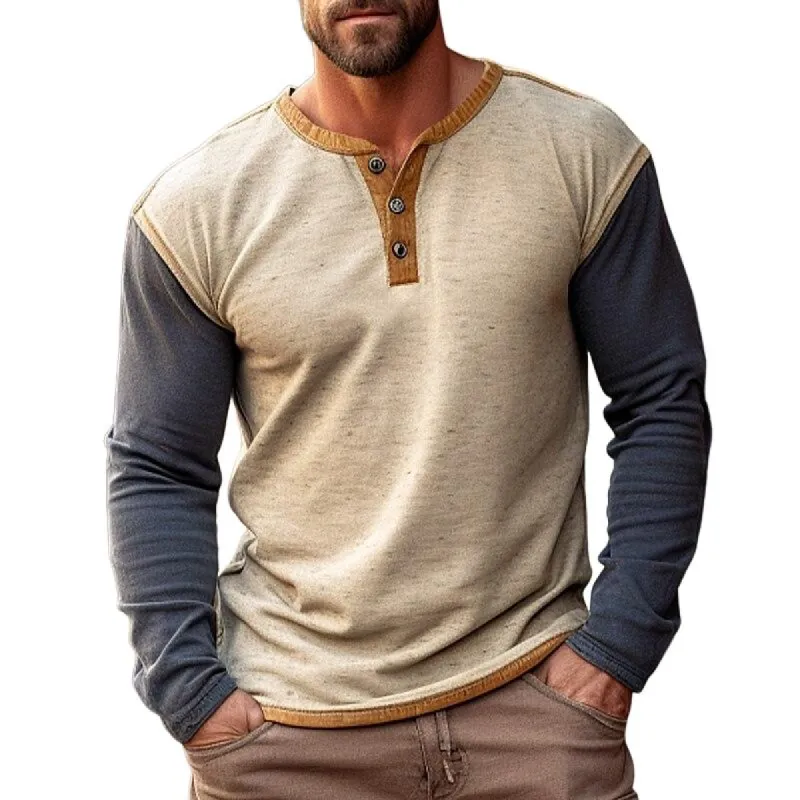 Men's Casual Cotton Blend Colorblock Henley Collar Slim Fit Long Sleeve T-Shirt 75965676M sold by Manly