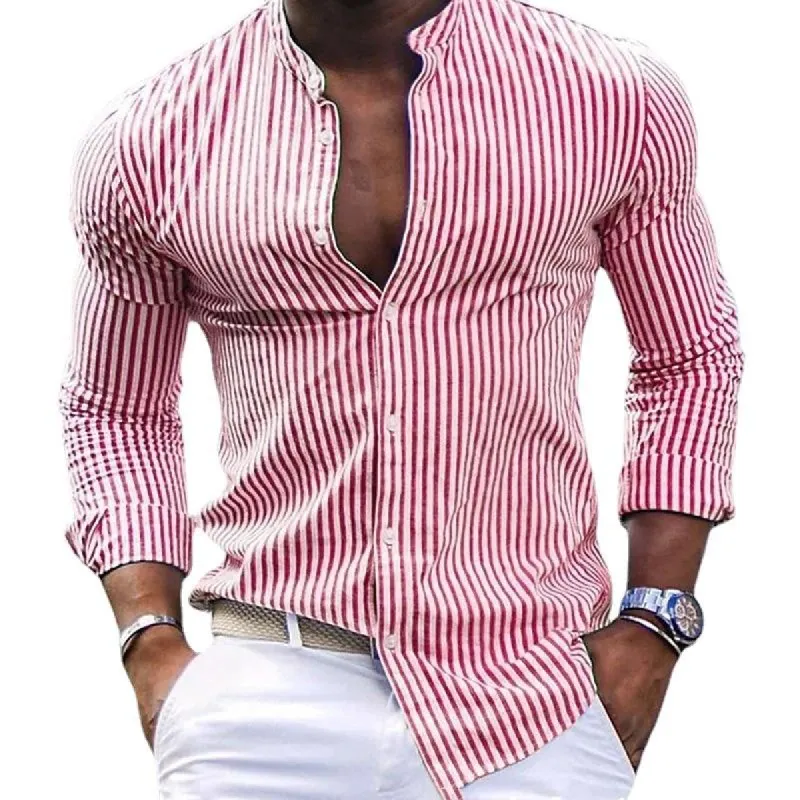 Men's Stand Collar Striped Long Sleeve Casual Shirt 80304808Z sold by Manly