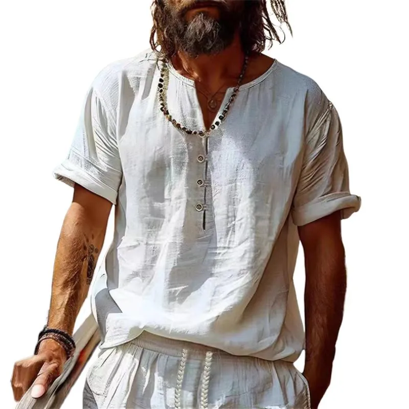 Men's Retro Casual Solid Color Cotton and Linen Short Sleeve Shirt 35875595TO sold by Manly