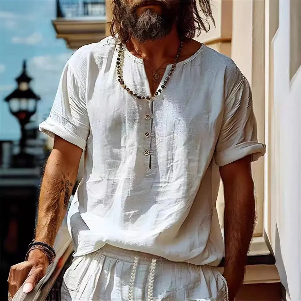 Men's Retro Casual Solid Color Cotton and Linen Short Sleeve Shirt 35875595TO sold by Manly product image thumbnail 3