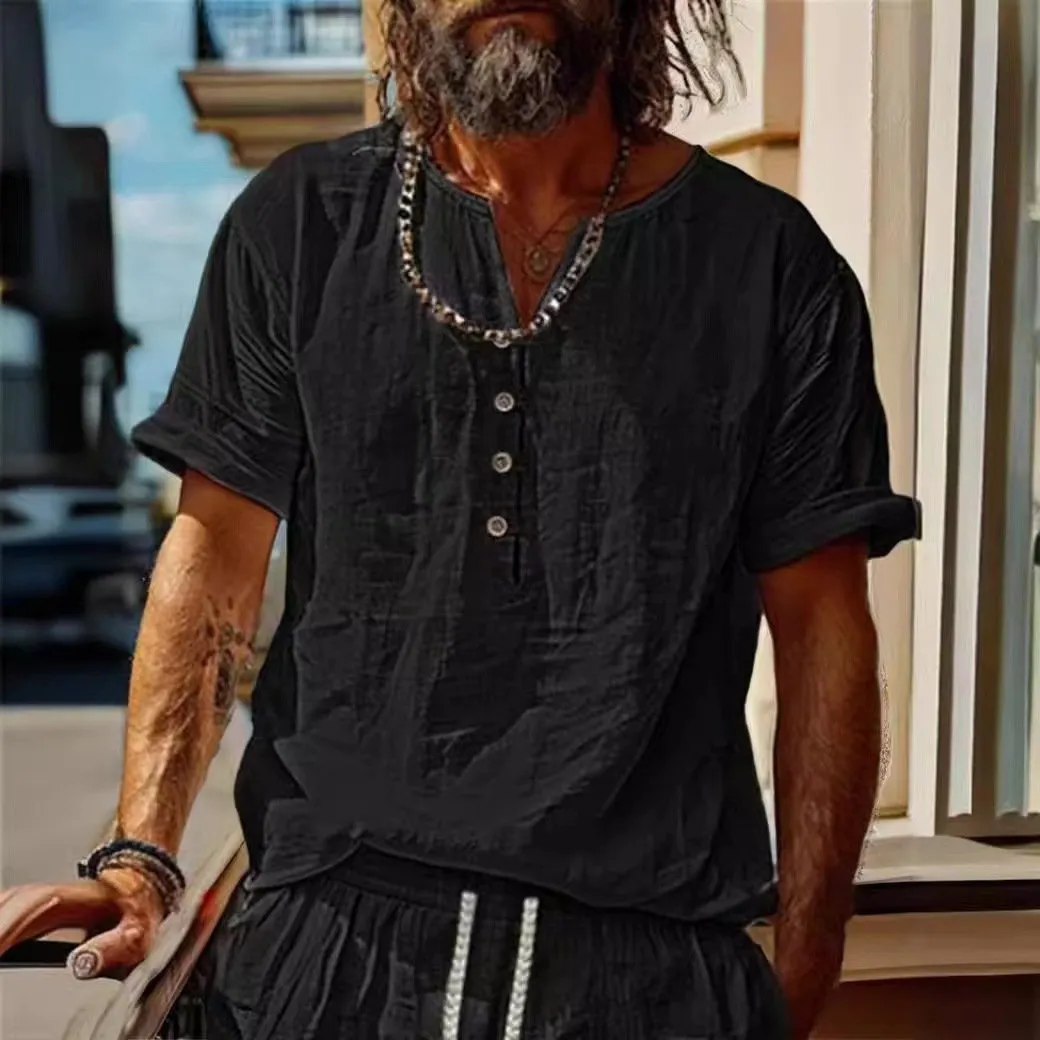 Men's Retro Casual Solid Color Cotton and Linen Short Sleeve Shirt 35875595TO sold by Manly product image thumbnail 2