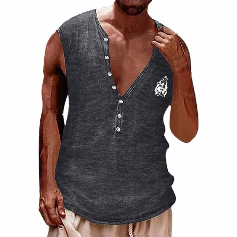 Men's Retro Beach Half Open V Neck Button Printed Tank Top 12688980X sold by Manly