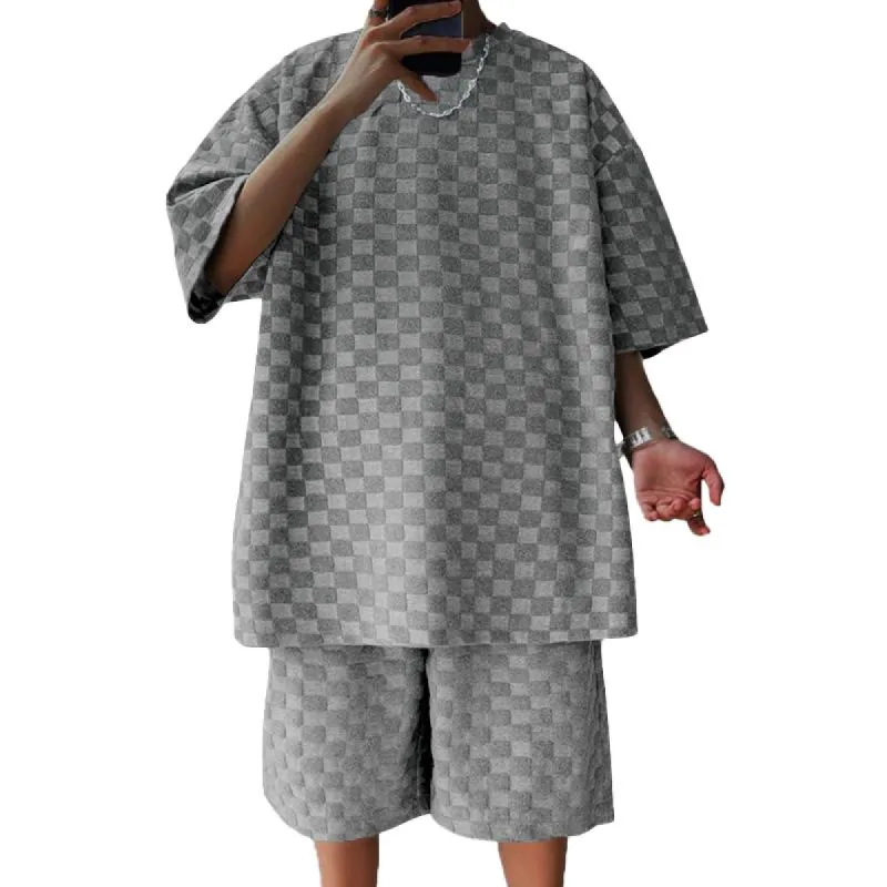 Men's Loose Checkerboard Round Neck Short-sleeve T-shirt Shorts Casual Set 11802808Z sold by Manly
