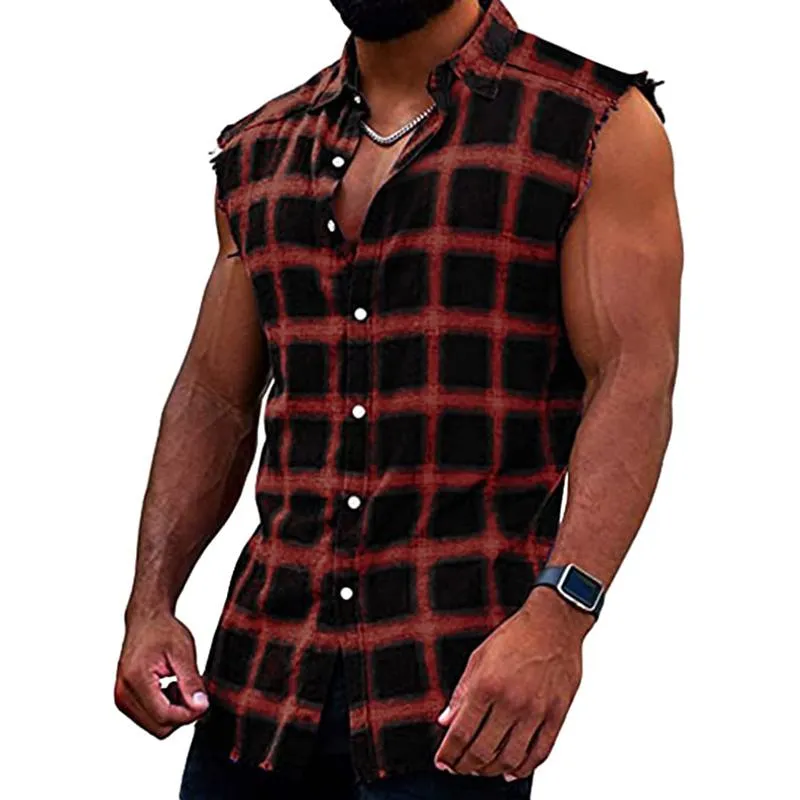 Men's Fashion Plaid Lapel Sleeveless Shirt 55411001M sold by Manly product image thumbnail 5