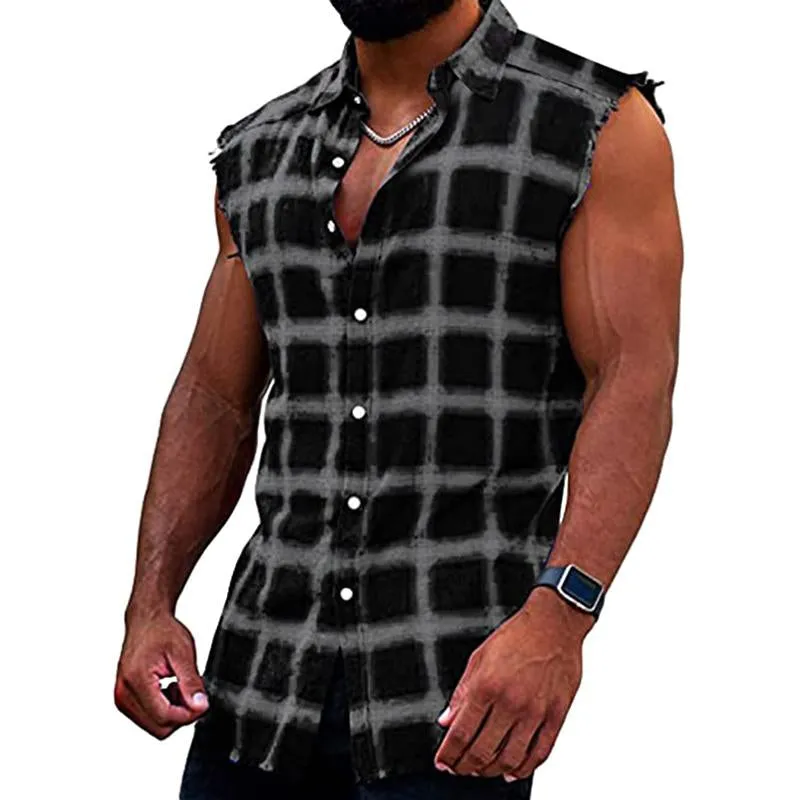 Men's Fashion Plaid Lapel Sleeveless Shirt 55411001M sold by Manly