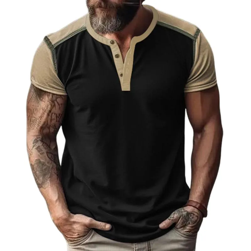 Men's Color Block Henley Collar Short Sleeve T-Shirt 23456326Y sold by Manly