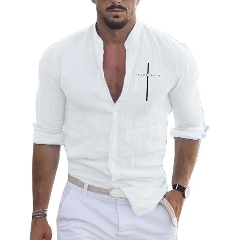 Men's Casual Stand Collar Linen Blend Button Long Sleeve Shirt 78730883M sold by Manly