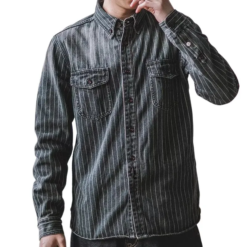 Men's Retro Casual Striped Lapel Long Sleeve Shirt Jacket 45230246TO sold by Manly