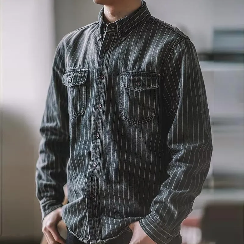 Men's Retro Casual Striped Lapel Long Sleeve Shirt Jacket 45230246TO sold by Manly product image thumbnail 2