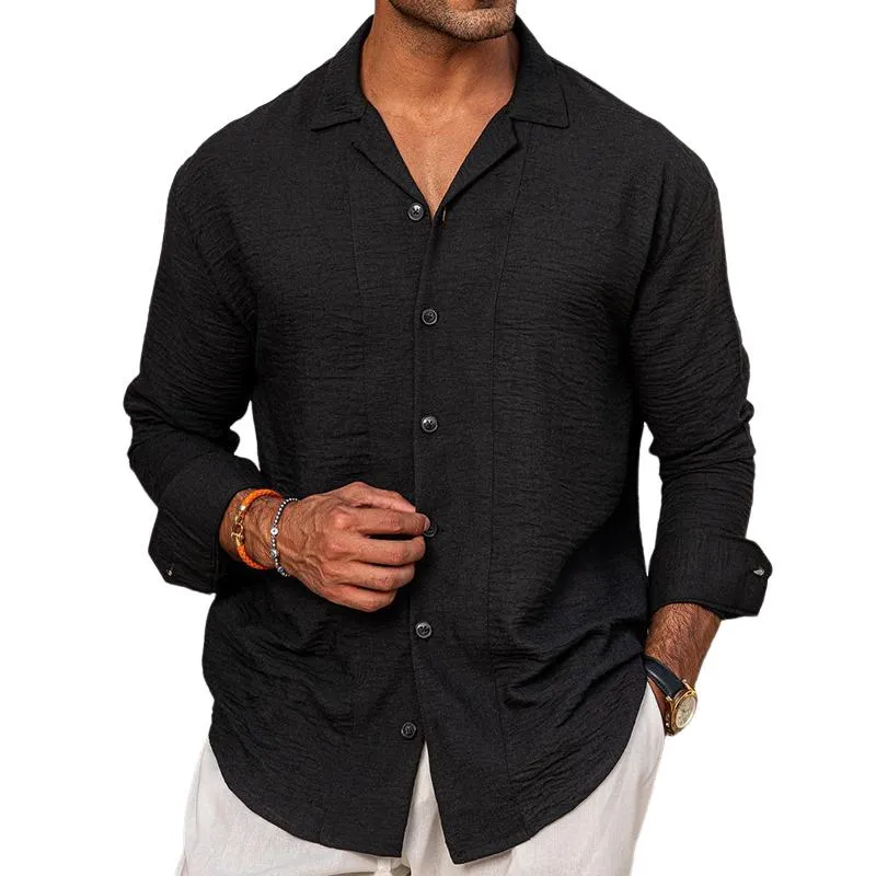 Men's Retro Casual Solid Color Lapel Long Sleeve Shirt 70300740TO sold by Manly