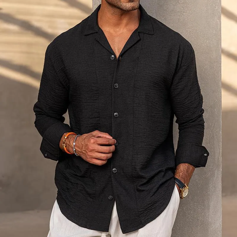 Men's Retro Casual Solid Color Lapel Long Sleeve Shirt 70300740TO sold by Manly product image thumbnail 2