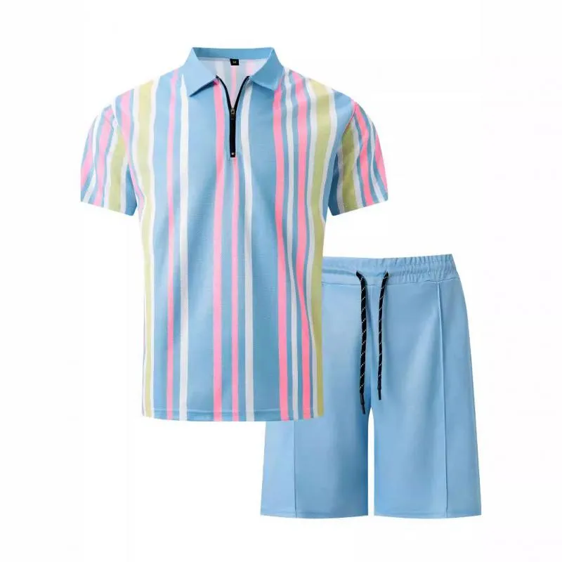 Men's Striped Print Short Sleeve Polo Shirt and Shorts Set 68148622Y sold by Manly product image thumbnail 3