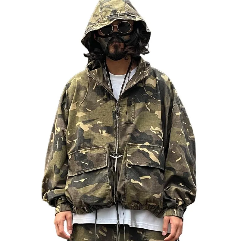 Men's Camouflage Washed Vintage Zip Cargo Hooded Jacket 10496694X sold by Manly