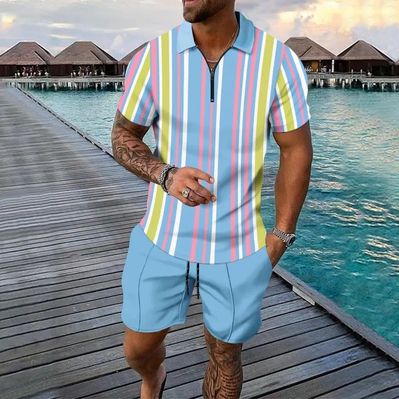 Men's Striped Print Short Sleeve Polo Shirt and Shorts Set 68148622Y sold by Manly product image thumbnail 2