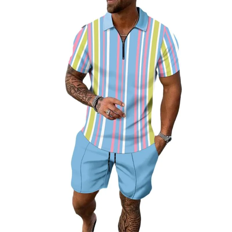 Men's Striped Print Short Sleeve Polo Shirt and Shorts Set 68148622Y sold by Manly