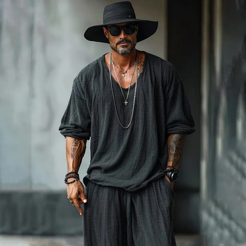 Men's Solid Color Cotton And Linen Round Neck Long Sleeve T-shirt Shorts Set 90218851Z sold by Manly product image thumbnail 3