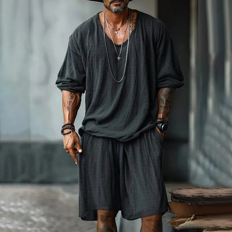 Men's Solid Color Cotton And Linen Round Neck Long Sleeve T-shirt Shorts Set 90218851Z sold by Manly product image thumbnail 2