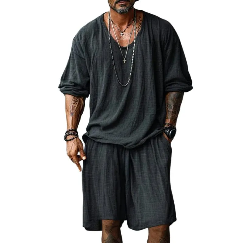 Men's Solid Color Cotton And Linen Round Neck Long Sleeve T-shirt Shorts Set 90218851Z sold by Manly