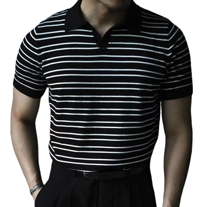 Men's Striped Lapel Short Sleeve Polo Shirt 17204530Z sold by Manly