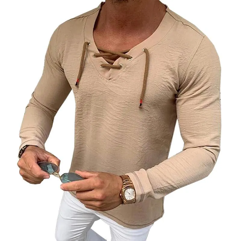 Men's Casual Lace-Up V Neck Long Sleeve Shirt 23669542M sold by Manly