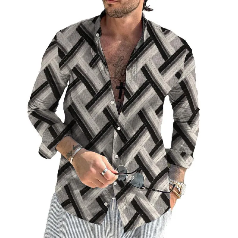 Men's Vintage Woven Print Stand Collar Long Sleeve Shirt 03788059TO sold by Manly