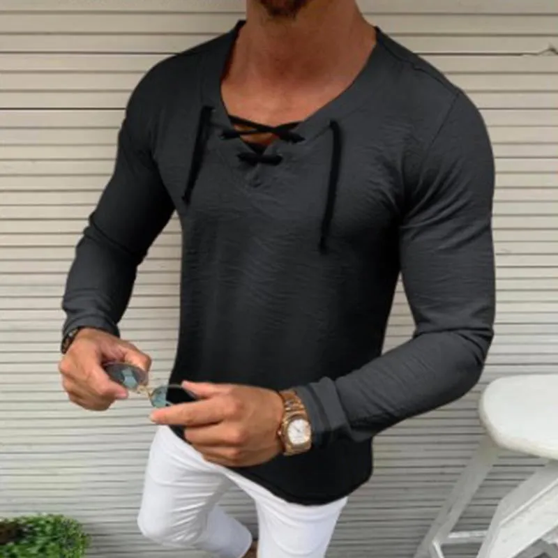 Men's Casual Lace-Up V Neck Long Sleeve Shirt 23669542M sold by Manly product image thumbnail 4
