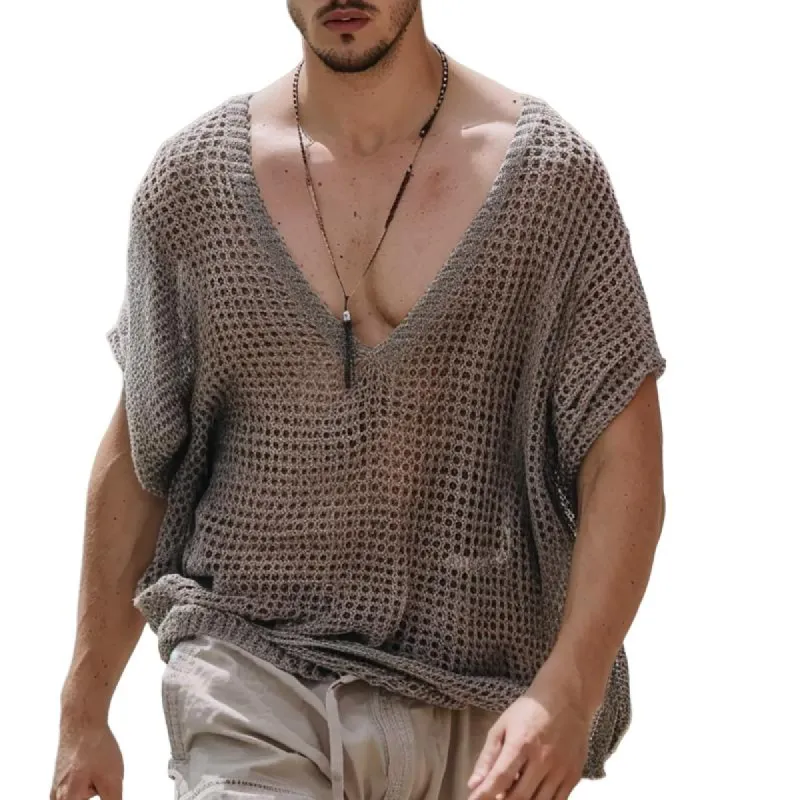 Men's Knitted V-neck Bat Short-sleeved Sweater 22140099X sold by Manly