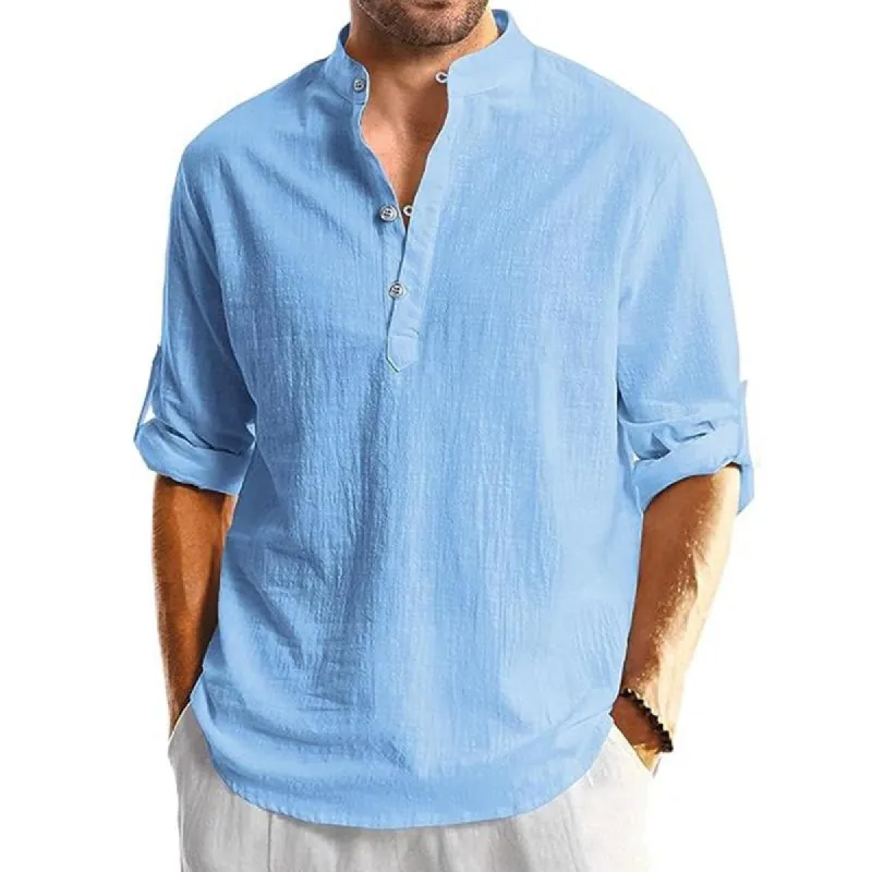 Men's Casual Cotton Linen Solid Color Stand Collar Long Sleeve Shirt 72118691M sold by Manly