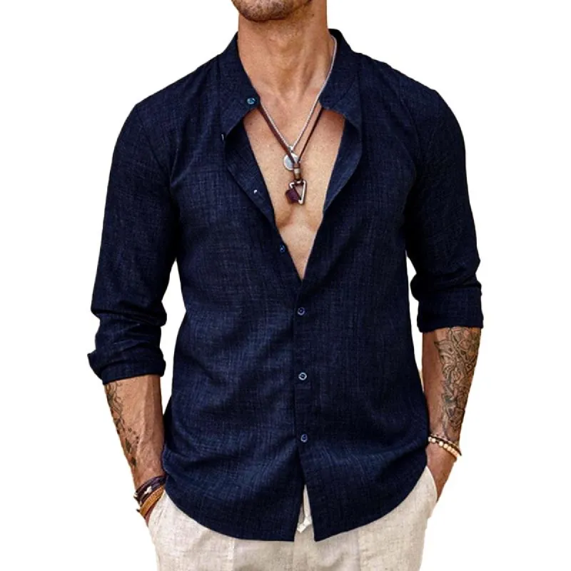 Men's Casual Solid Color Stand Collar Long Sleeve Shirt 49550129Y sold by Manly
