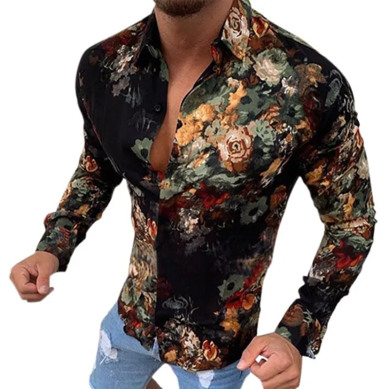 Men's Retro Casual Floral Lapel Long Sleeve Shirt 57595566TO sold by Manly