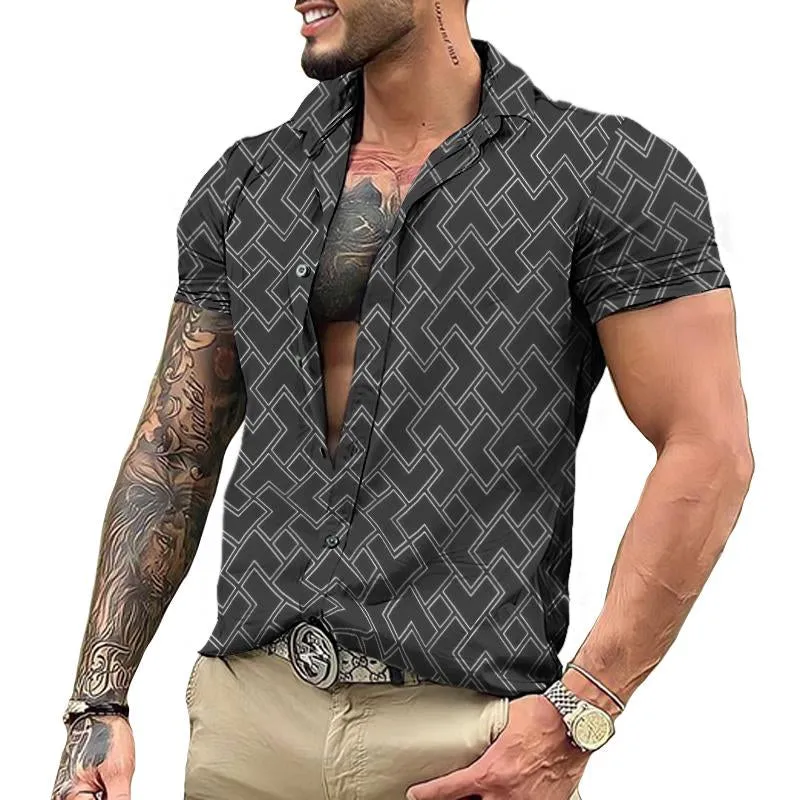 Men's Retro Geometric Simple Lapel Short Sleeve Shirt 24316740TO sold by Manly