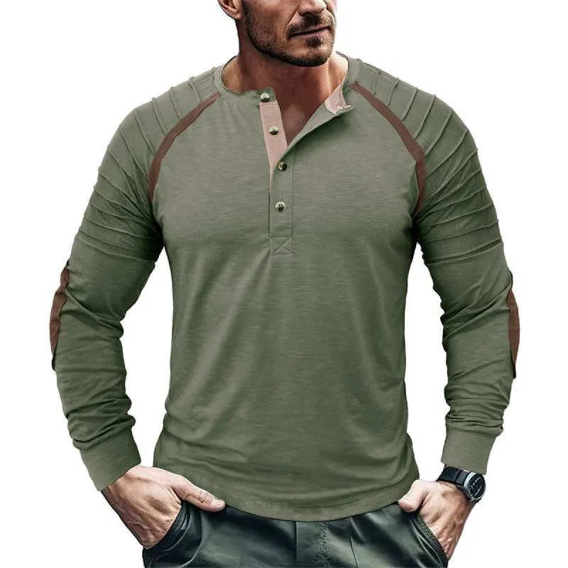 Men's Casual Outdoor Pleated Stitching Long Sleeve Henley T-Shirt 70318322M sold by Manly