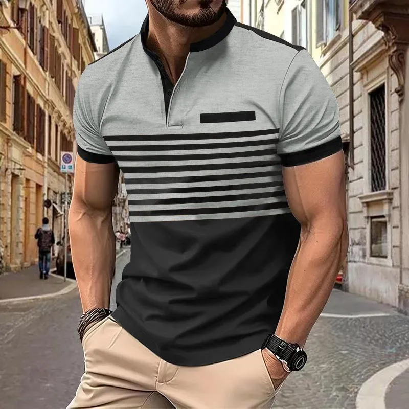 Men's Colorblock Striped Henley Collar Short Sleeve Casual T-shirt 07381888Z sold by Manly product image thumbnail 5
