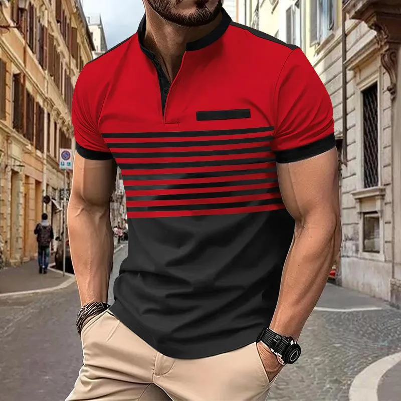 Men's Colorblock Striped Henley Collar Short Sleeve Casual T-shirt 07381888Z sold by Manly product image thumbnail 2