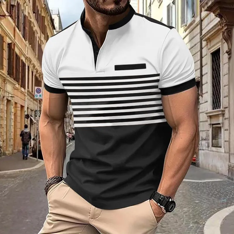 Men's Colorblock Striped Henley Collar Short Sleeve Casual T-shirt 07381888Z sold by Manly product image thumbnail 3