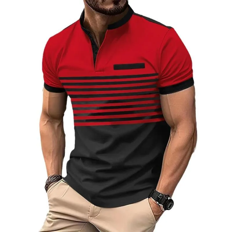 Men's Colorblock Striped Henley Collar Short Sleeve Casual T-shirt 07381888Z sold by Manly