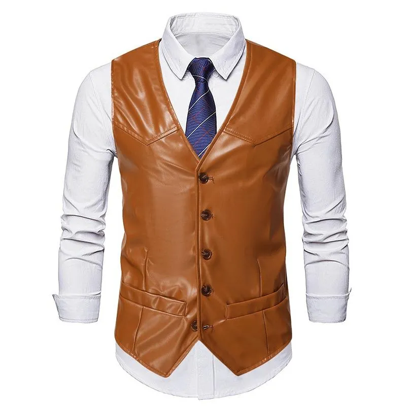 Men's Vintage Solid Color Collarless Leather Vest 58383173Y sold by Manly