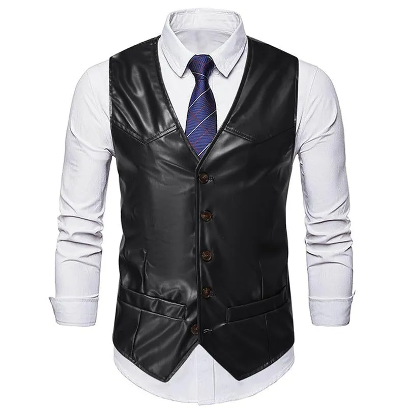Men's Vintage Solid Color Collarless Leather Vest 58383173Y sold by Manly product image thumbnail 3