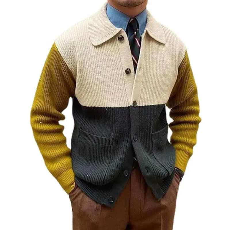 Men's Color Block Lapel Long Sleeve Casual Knit Jacket 44175988X sold by Manly