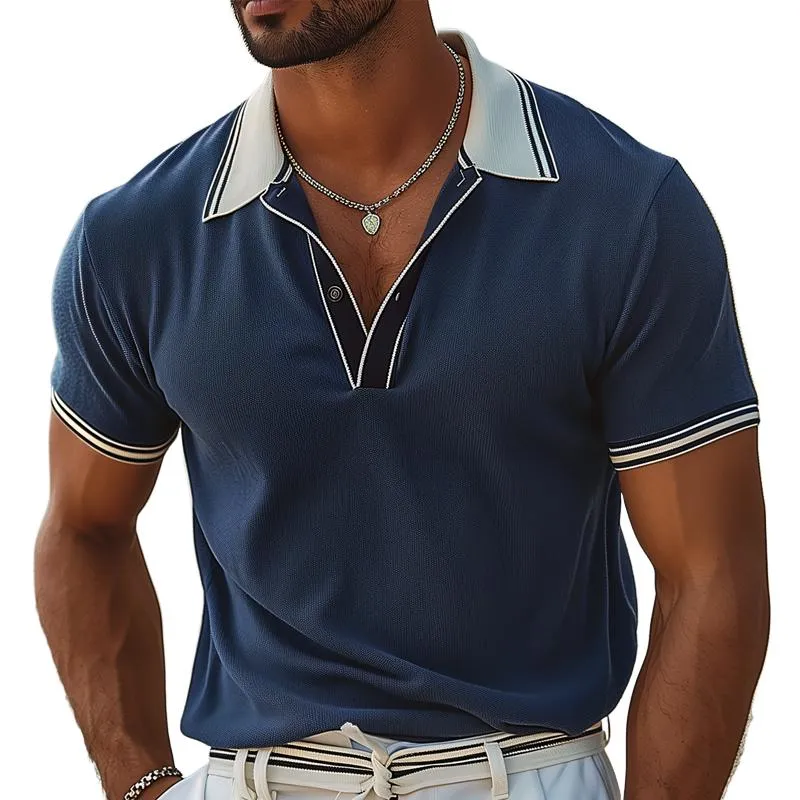 Men's Colorblock Striped Lapel Short Sleeve Polo Shirt 03448076Z sold by Manly