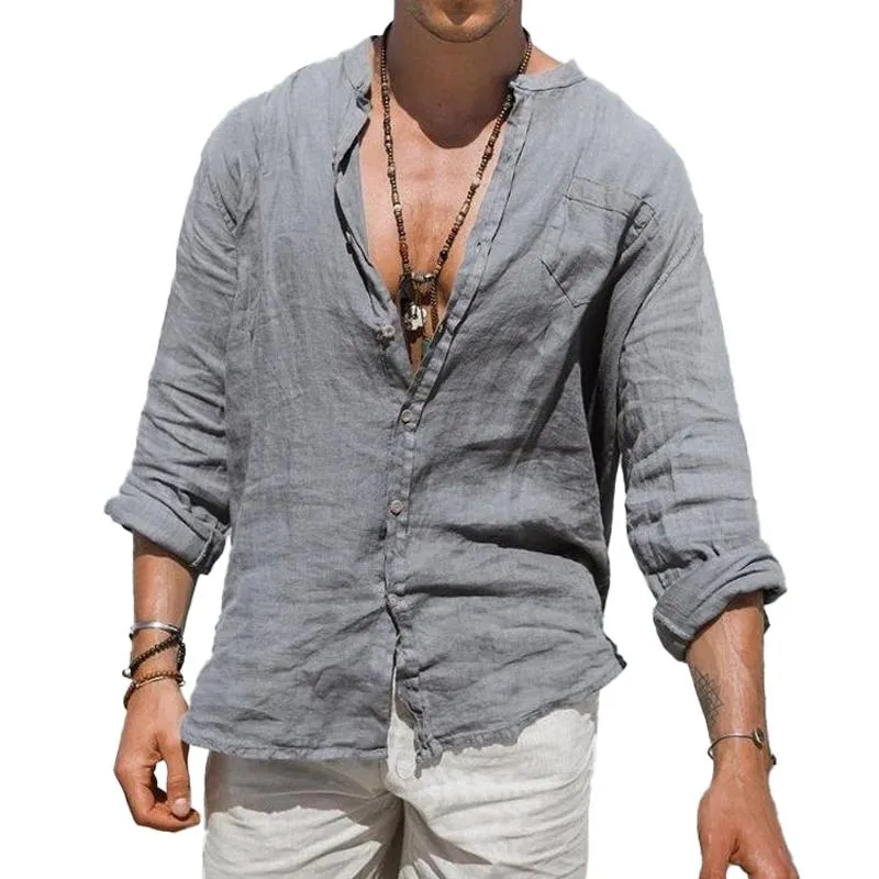 Men's Solid Color Cotton And Linen Loose Stand Collar Pocket Long Sleeve Shirt 06332508Z sold by Manly