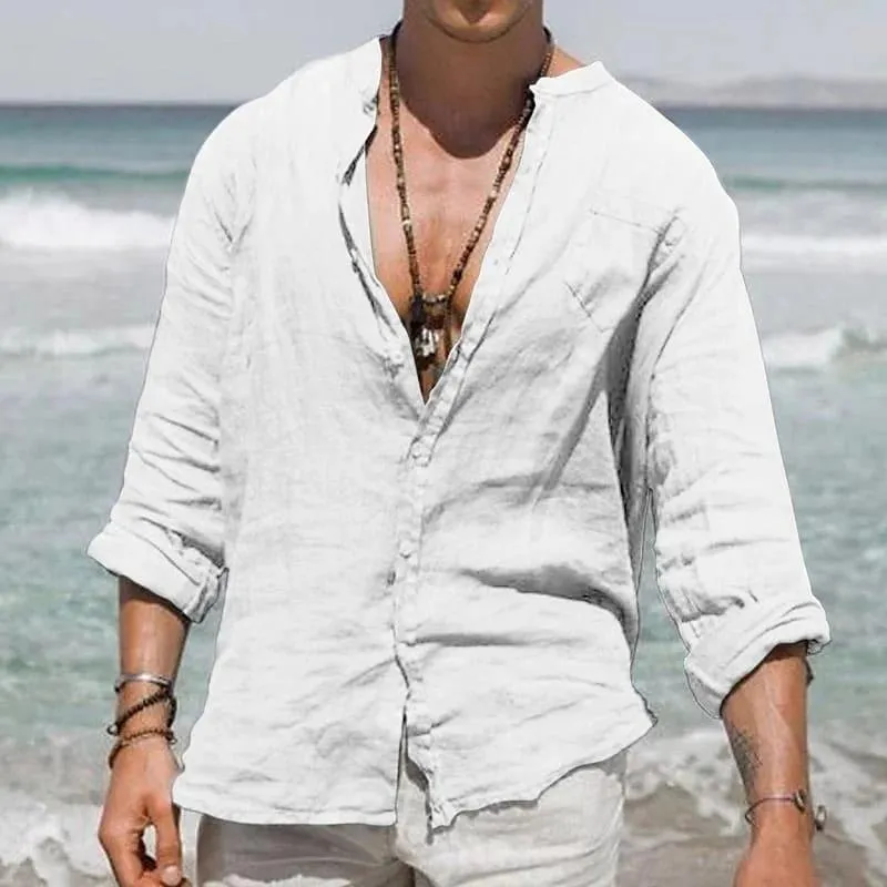 Men's Solid Color Cotton And Linen Loose Stand Collar Pocket Long Sleeve Shirt 06332508Z sold by Manly product image thumbnail 5