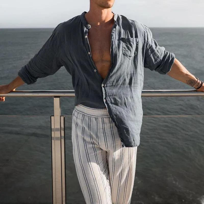 Men's Solid Color Cotton And Linen Loose Stand Collar Pocket Long Sleeve Shirt 06332508Z sold by Manly product image thumbnail 4