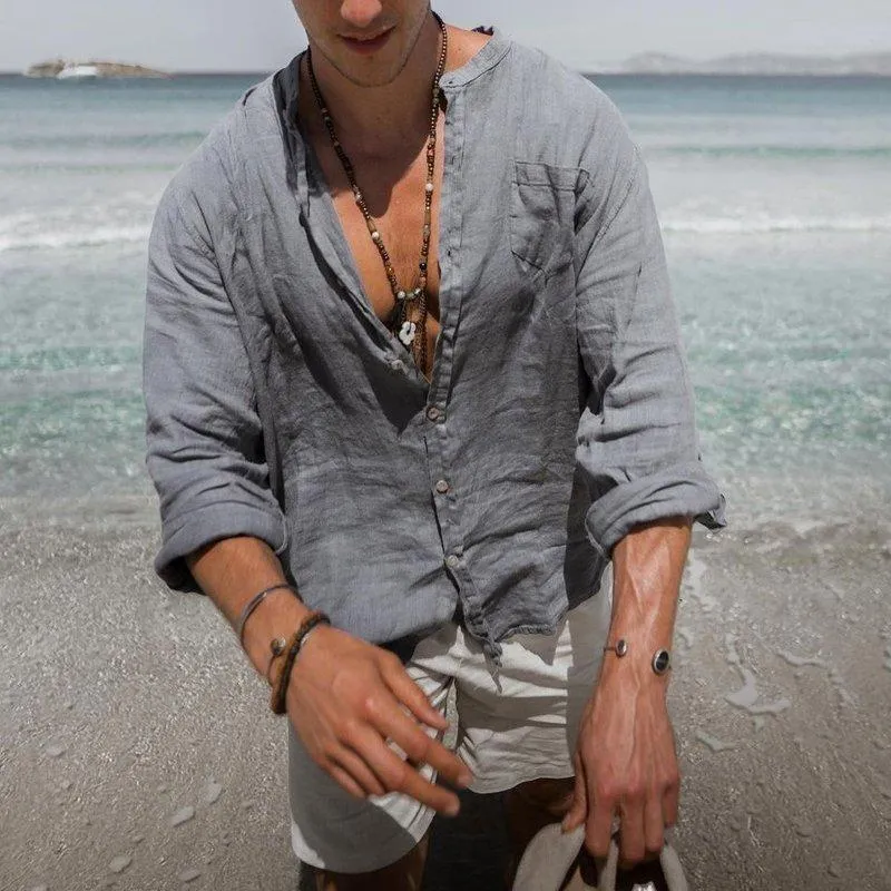 Men's Solid Color Cotton And Linen Loose Stand Collar Pocket Long Sleeve Shirt 06332508Z sold by Manly product image thumbnail 3