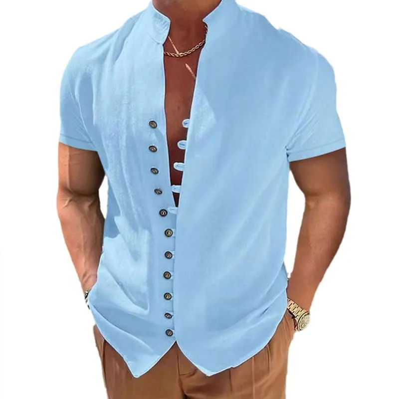 Men's Vintage Cotton Linen Button Stand Collar Short Sleeve Shirt 82161226X sold by Manly