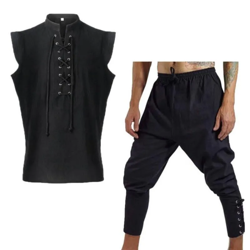 Men's Cotton Linen Casual Bandage Tank Top Trousers Set 35092051Y sold by Manly