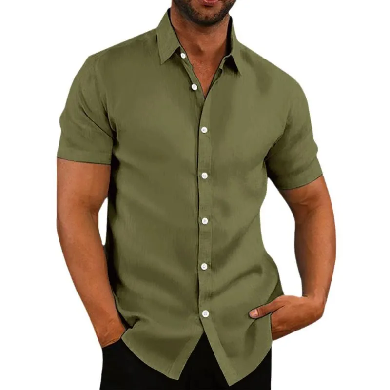 Men's Casual Cotton Linen Loose Lapel Slim Fit Short-sleeved Shirt 21811775M sold by Manly