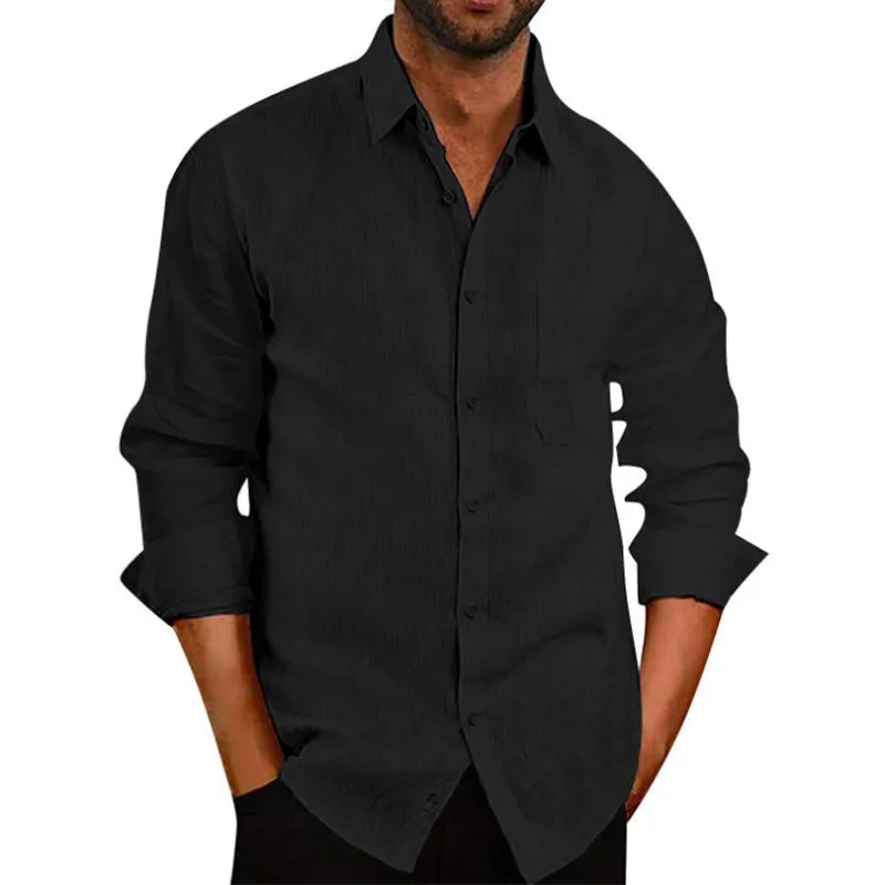 Men's Casual Lapel Solid Color Linen Loose Long Sleeve Shirt 74524458M sold by Manly product image thumbnail 3