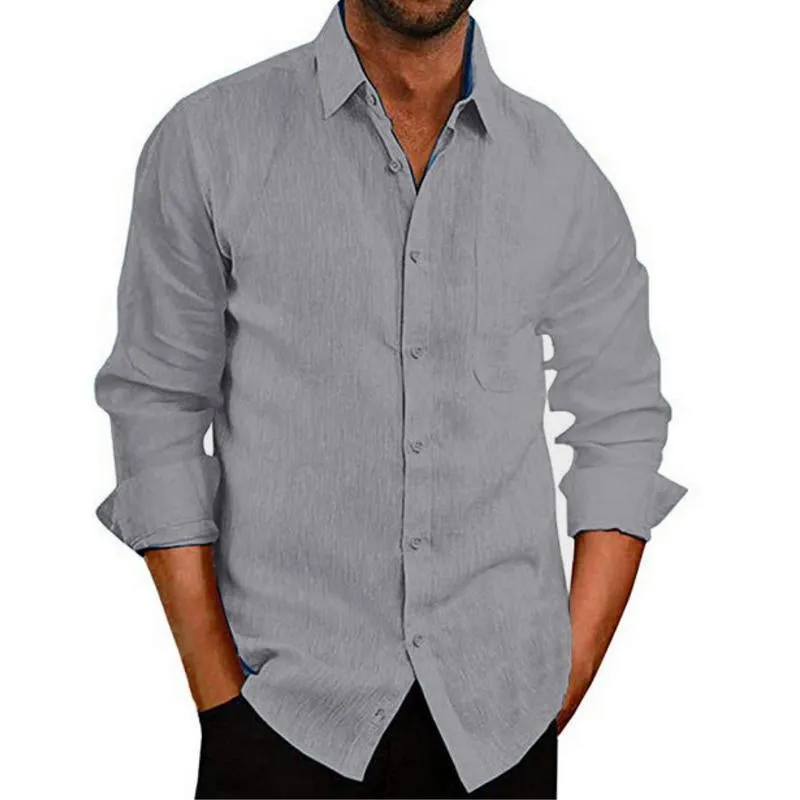 Men's Casual Lapel Solid Color Linen Loose Long Sleeve Shirt 74524458M sold by Manly
