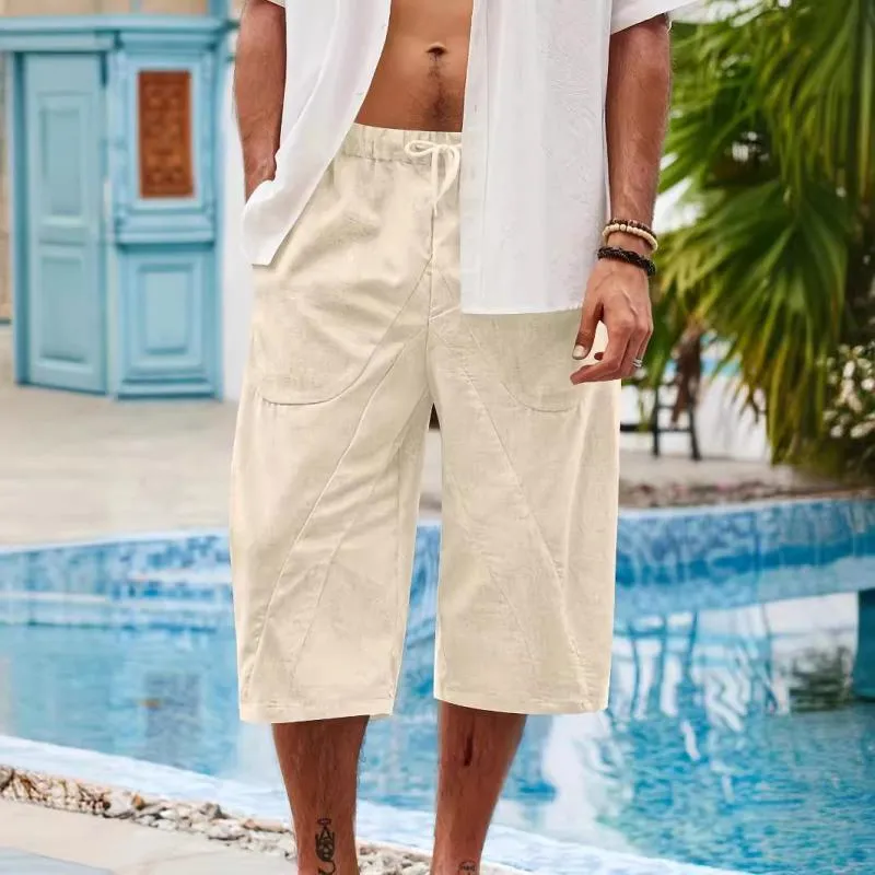 Men's Casual Cotton Linen Elastic Waist Solid Color Loose Shorts 60401806M sold by Manly product image thumbnail 2